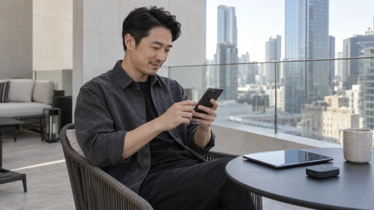 现代建筑公共露台中使用手机的成年人及桌上的平板与便携热点