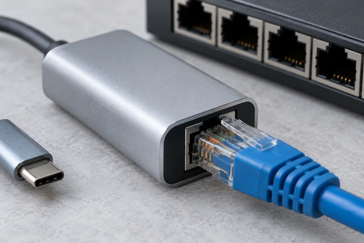 RJ45网线插头、USB-C以太网转接器与小型交换设备的接口近景